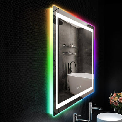 Specchio da bagno con retroilluminazione RGB e illuminazione frontale a LED, anti-appannamento.