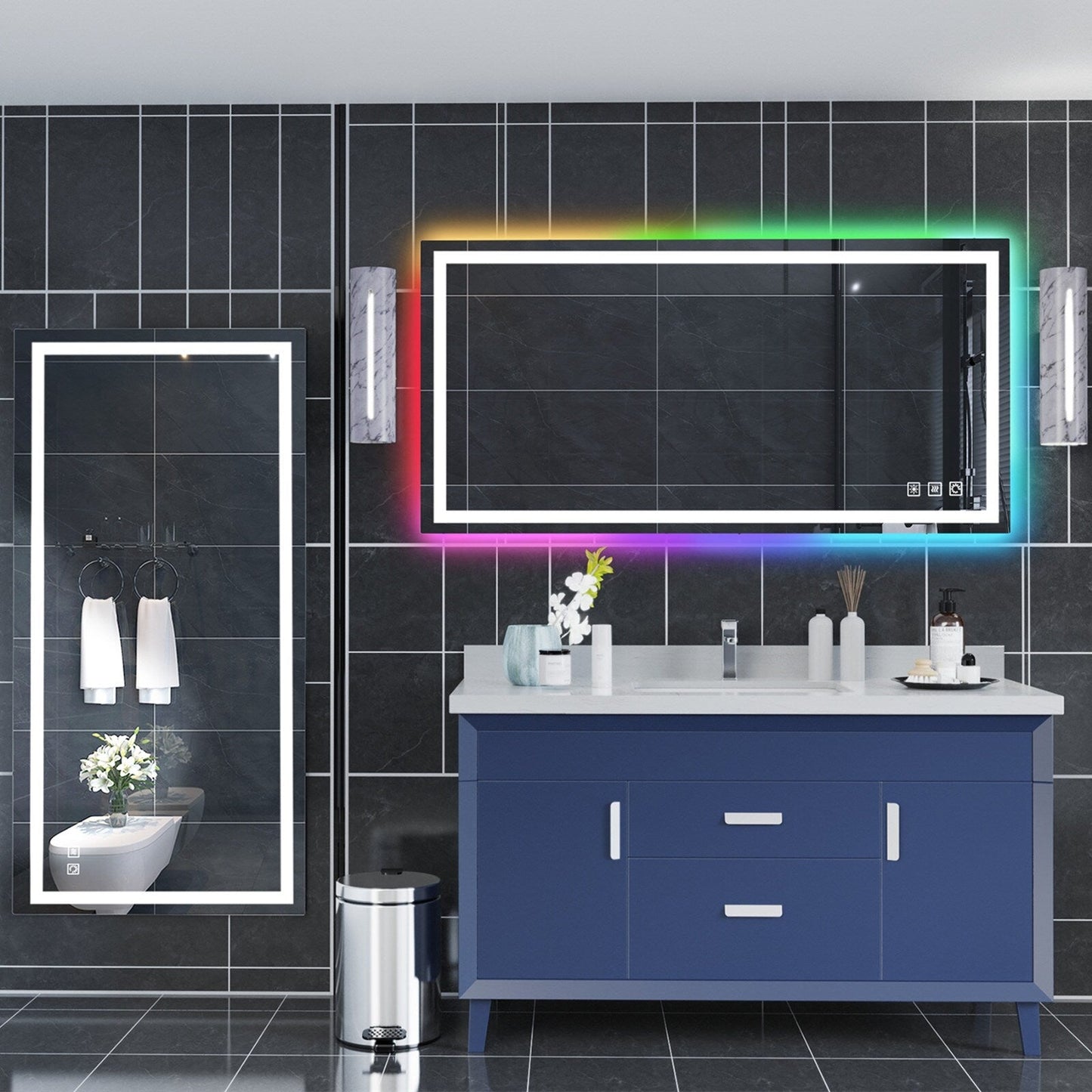 Specchio da bagno con retroilluminazione RGB e illuminazione frontale a LED, anti-appannamento.