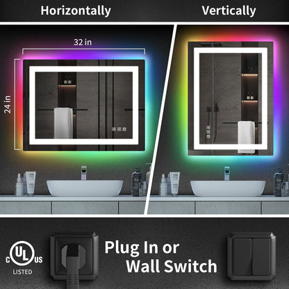 Specchio da bagno con retroilluminazione RGB e illuminazione frontale a LED, anti-appannamento.