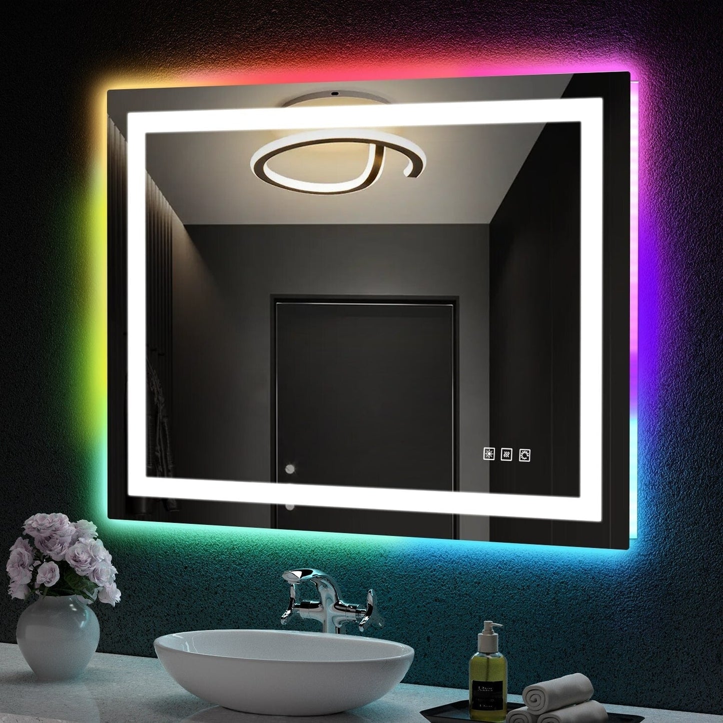 Specchio da bagno con retroilluminazione RGB e illuminazione frontale a LED, anti-appannamento.