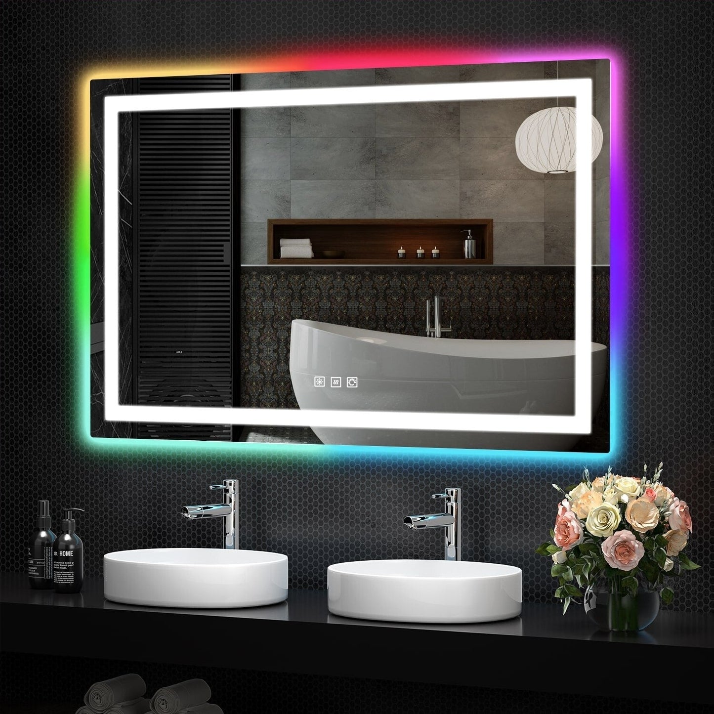 Specchio da bagno con retroilluminazione RGB e illuminazione frontale a LED, anti-appannamento.