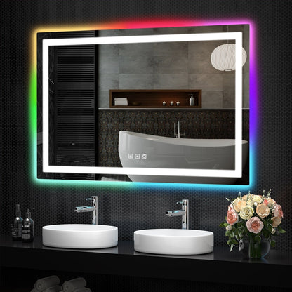 Specchio da bagno con retroilluminazione RGB e illuminazione frontale a LED, anti-appannamento.