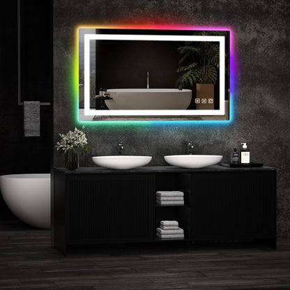 Specchio da bagno con retroilluminazione RGB e illuminazione frontale a LED, anti-appannamento.