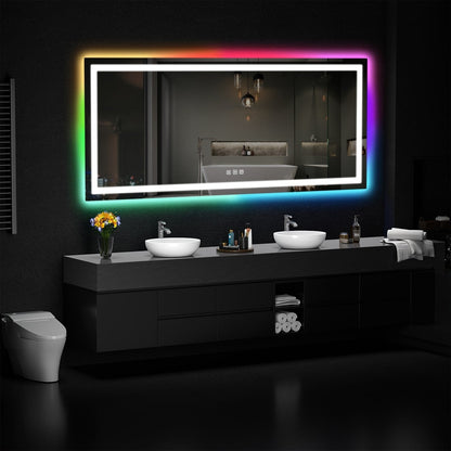 Specchio da bagno con retroilluminazione RGB e illuminazione frontale a LED, anti-appannamento.