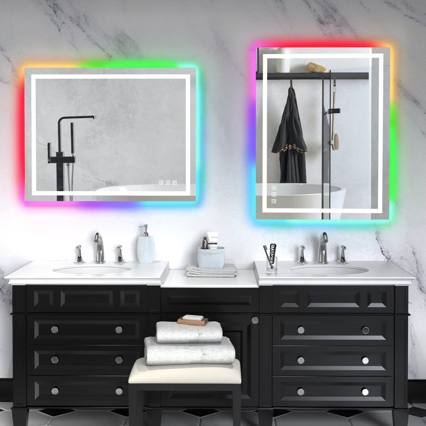 Specchio da bagno con retroilluminazione RGB e illuminazione frontale a LED, anti-appannamento.