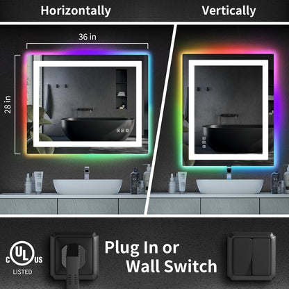 Specchio da bagno con retroilluminazione RGB e illuminazione frontale a LED, anti-appannamento.