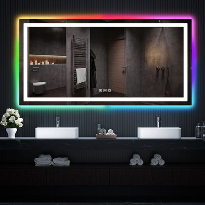 Specchio da bagno con retroilluminazione RGB e illuminazione frontale a LED, anti-appannamento.