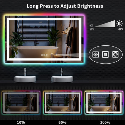 Specchio da bagno con retroilluminazione RGB e illuminazione frontale a LED, anti-appannamento.