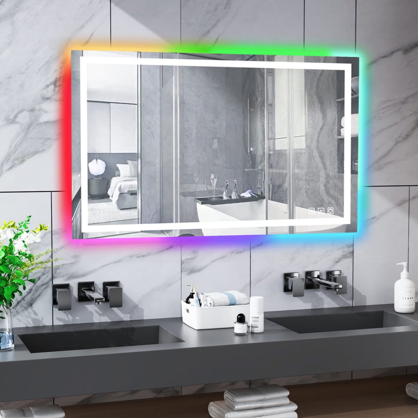 Specchio da bagno con retroilluminazione RGB e illuminazione frontale a LED, anti-appannamento.