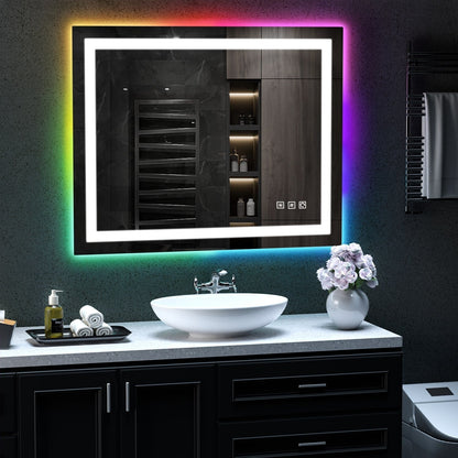 Specchio da bagno con retroilluminazione RGB e illuminazione frontale a LED, anti-appannamento.