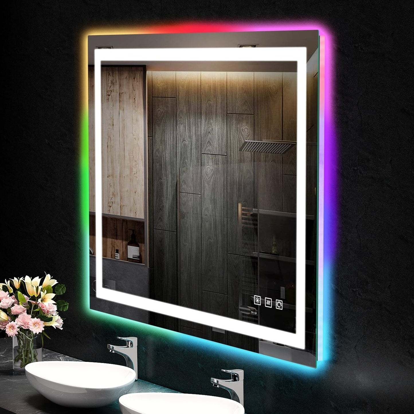 Specchio da bagno con retroilluminazione RGB e illuminazione frontale a LED, anti-appannamento.