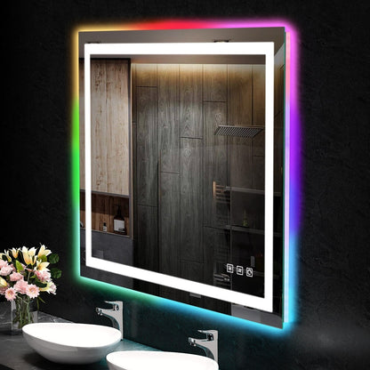 Specchio da bagno con retroilluminazione RGB e illuminazione frontale a LED, anti-appannamento.
