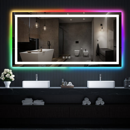 Specchio da bagno con retroilluminazione RGB e illuminazione frontale a LED, anti-appannamento.