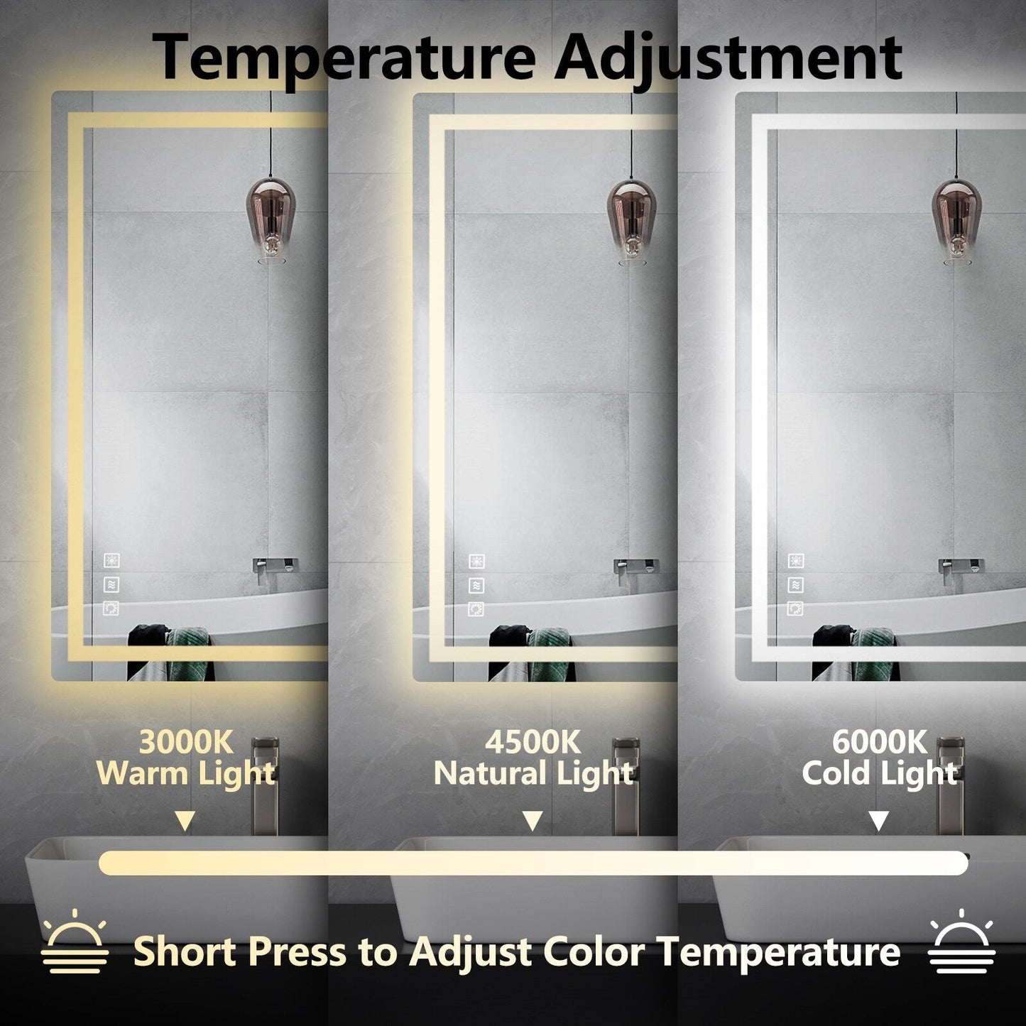 Specchio da bagno con retroilluminazione RGB e illuminazione frontale a LED, anti-appannamento.