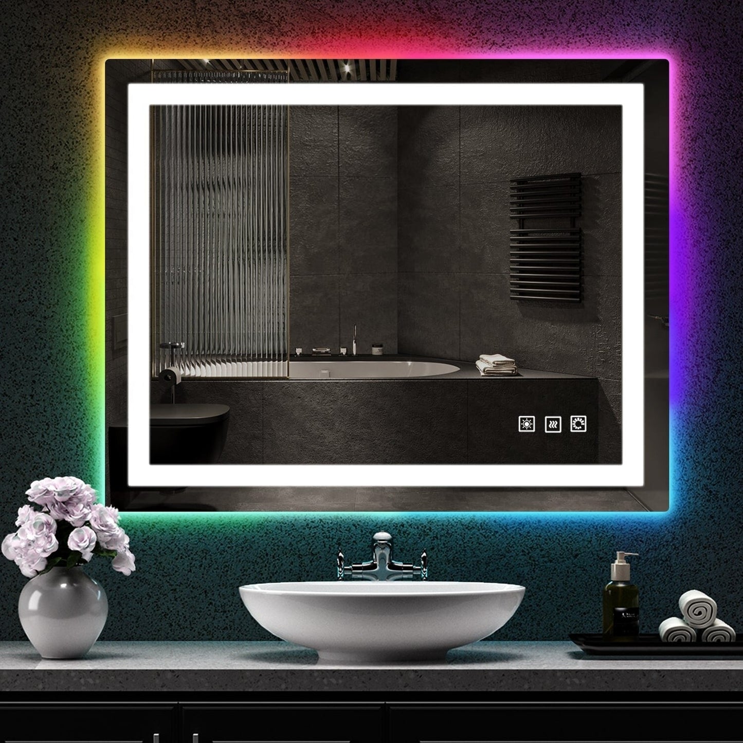 Specchio da bagno con retroilluminazione RGB e illuminazione frontale a LED, anti-appannamento.