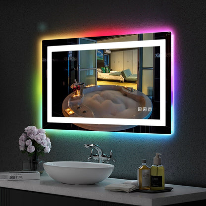 Specchio da bagno con retroilluminazione RGB e illuminazione frontale a LED, anti-appannamento.