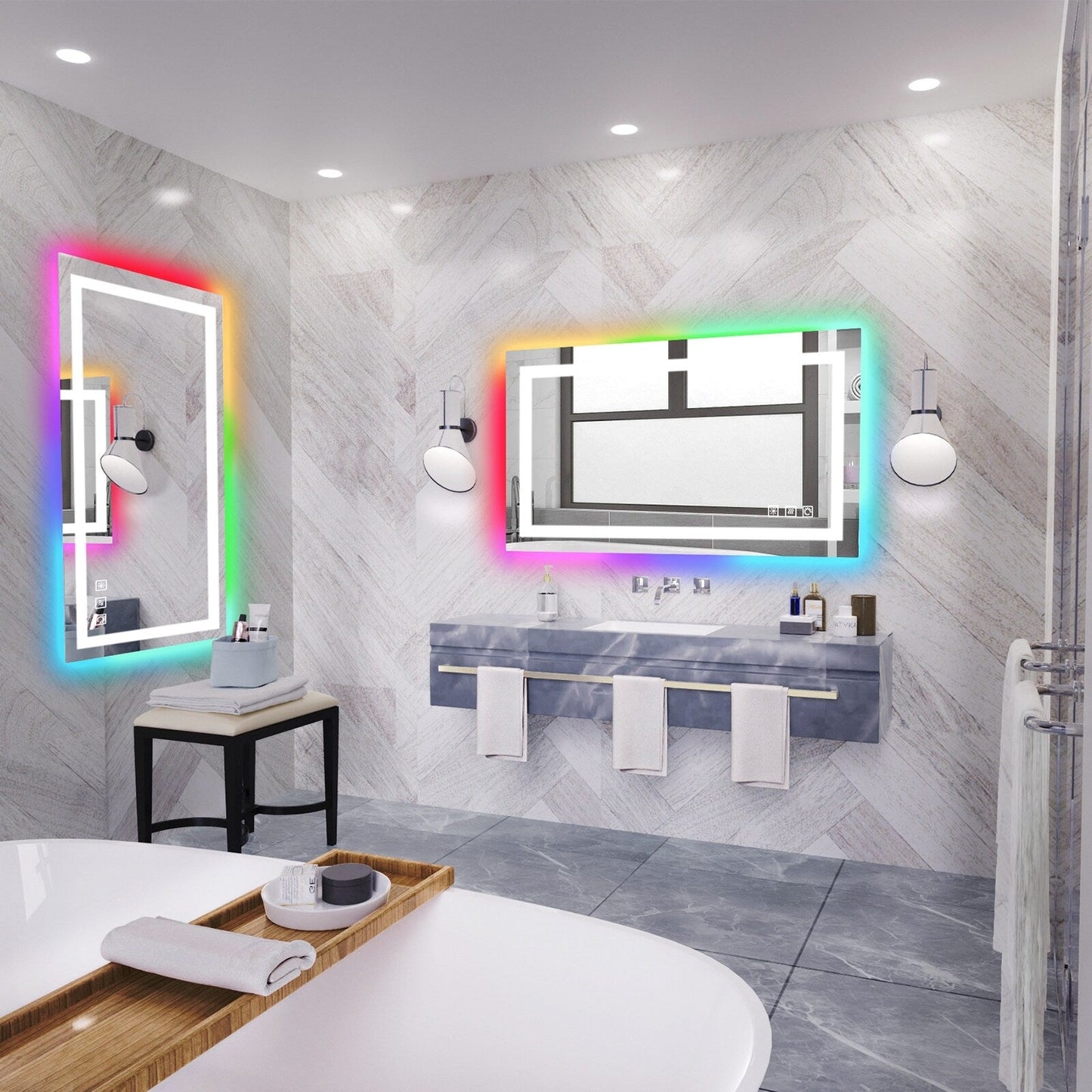 Specchio da bagno con retroilluminazione RGB e illuminazione frontale a LED, anti-appannamento.