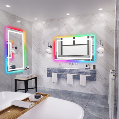 Specchio da bagno con retroilluminazione RGB e illuminazione frontale a LED, anti-appannamento.