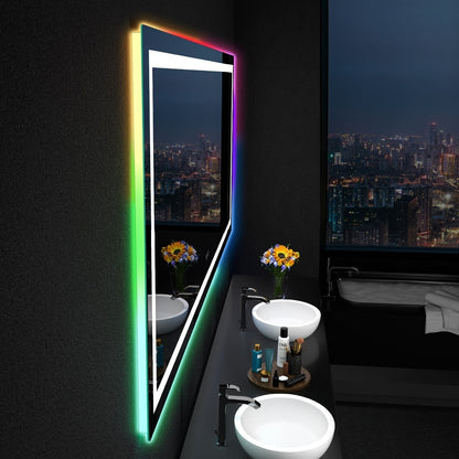 Specchio da bagno con retroilluminazione RGB e illuminazione frontale a LED, anti-appannamento.