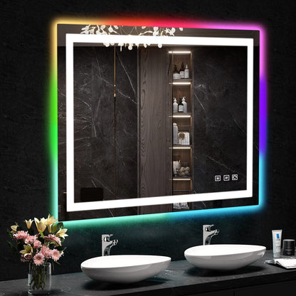 Specchio da bagno con retroilluminazione RGB e illuminazione frontale a LED, anti-appannamento.