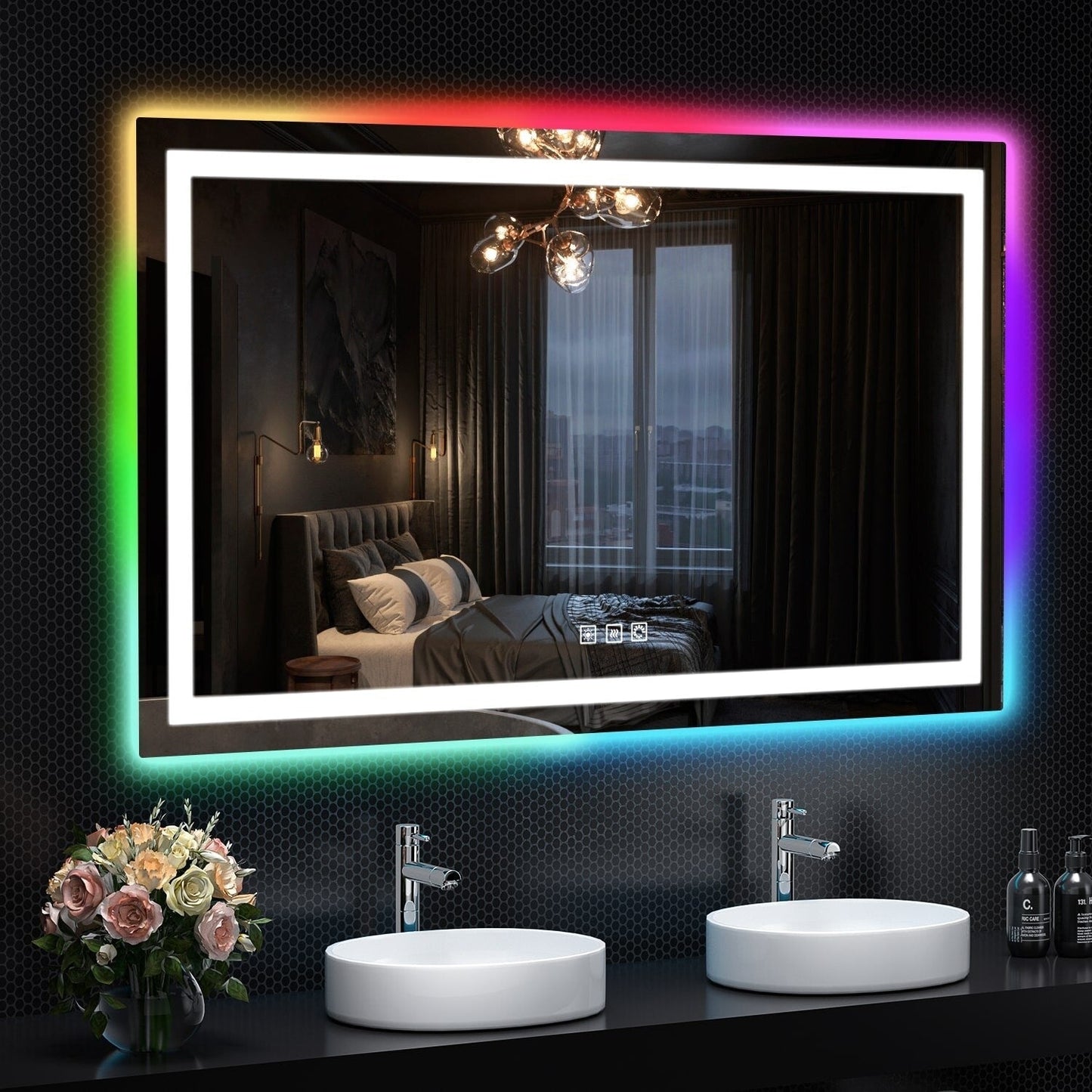Specchio da bagno con retroilluminazione RGB e illuminazione frontale a LED, anti-appannamento.