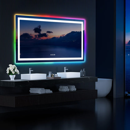Specchio da bagno con retroilluminazione RGB e illuminazione frontale a LED, anti-appannamento.