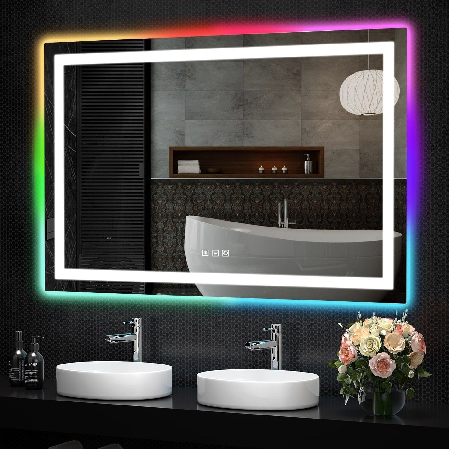 Specchio da bagno con retroilluminazione RGB e illuminazione frontale a LED, anti-appannamento.