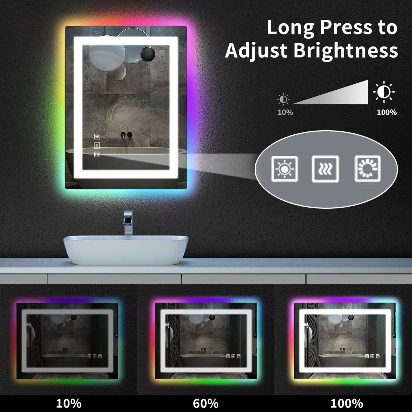 Specchio da bagno con retroilluminazione RGB e illuminazione frontale a LED, anti-appannamento.