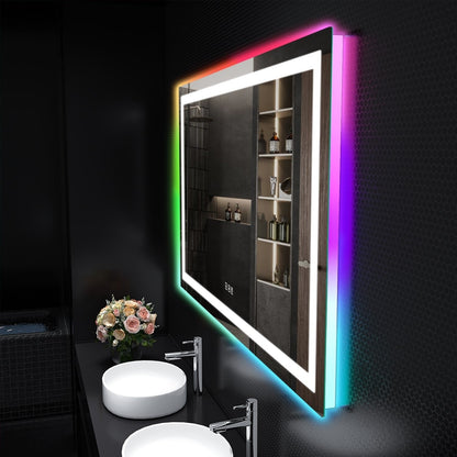 Specchio da bagno con retroilluminazione RGB e illuminazione frontale a LED, anti-appannamento.