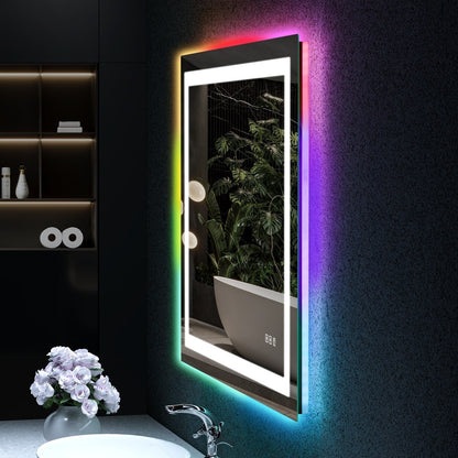 Specchio da bagno con retroilluminazione RGB e illuminazione frontale a LED, anti-appannamento.