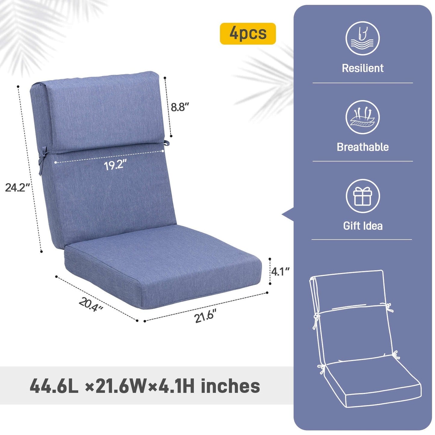 Aoodor Set di 4 cuscini per sedie da giardino con schienale alto, 117x53x10 cm (solo cuscini)