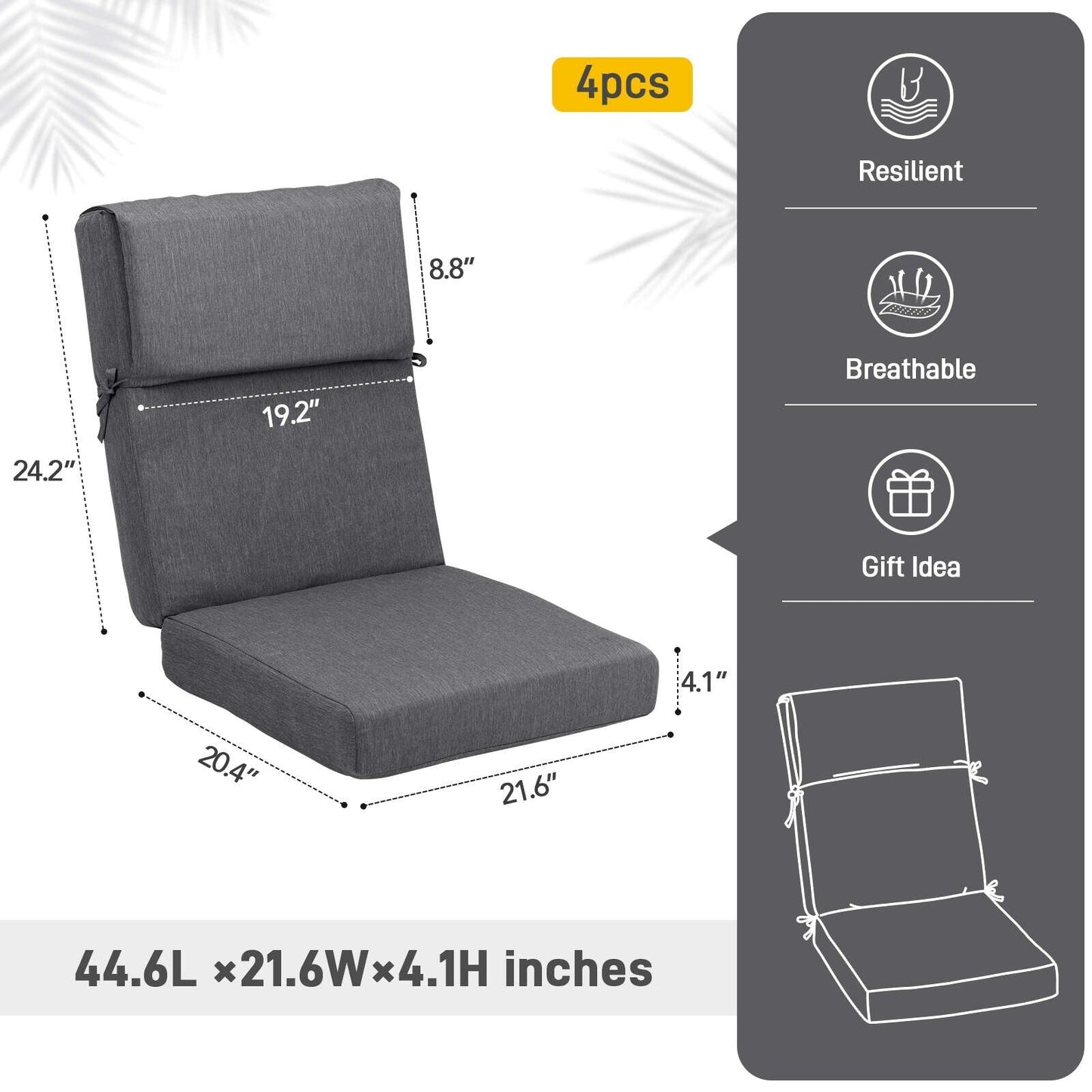 Aoodor Set di 4 cuscini per sedie da giardino con schienale alto, 117x53x10 cm (solo cuscini)