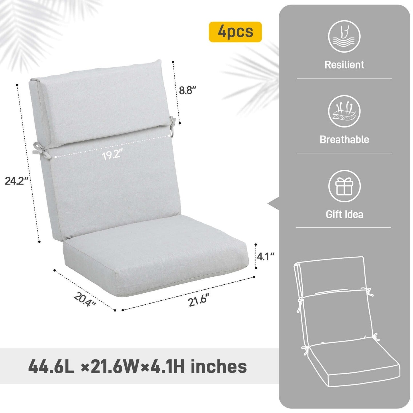 Aoodor Set di 4 cuscini per sedie da giardino con schienale alto, 117x53x10 cm (solo cuscini)