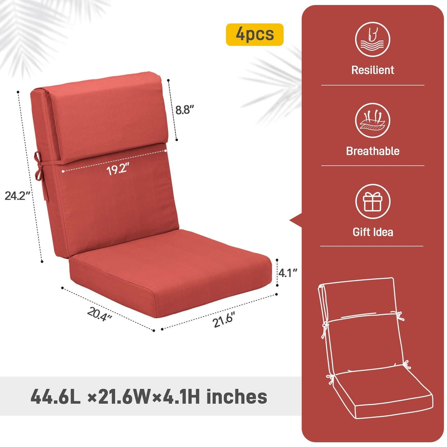 Aoodor Set di 4 cuscini per sedie da giardino con schienale alto, 117x53x10 cm (solo cuscini)