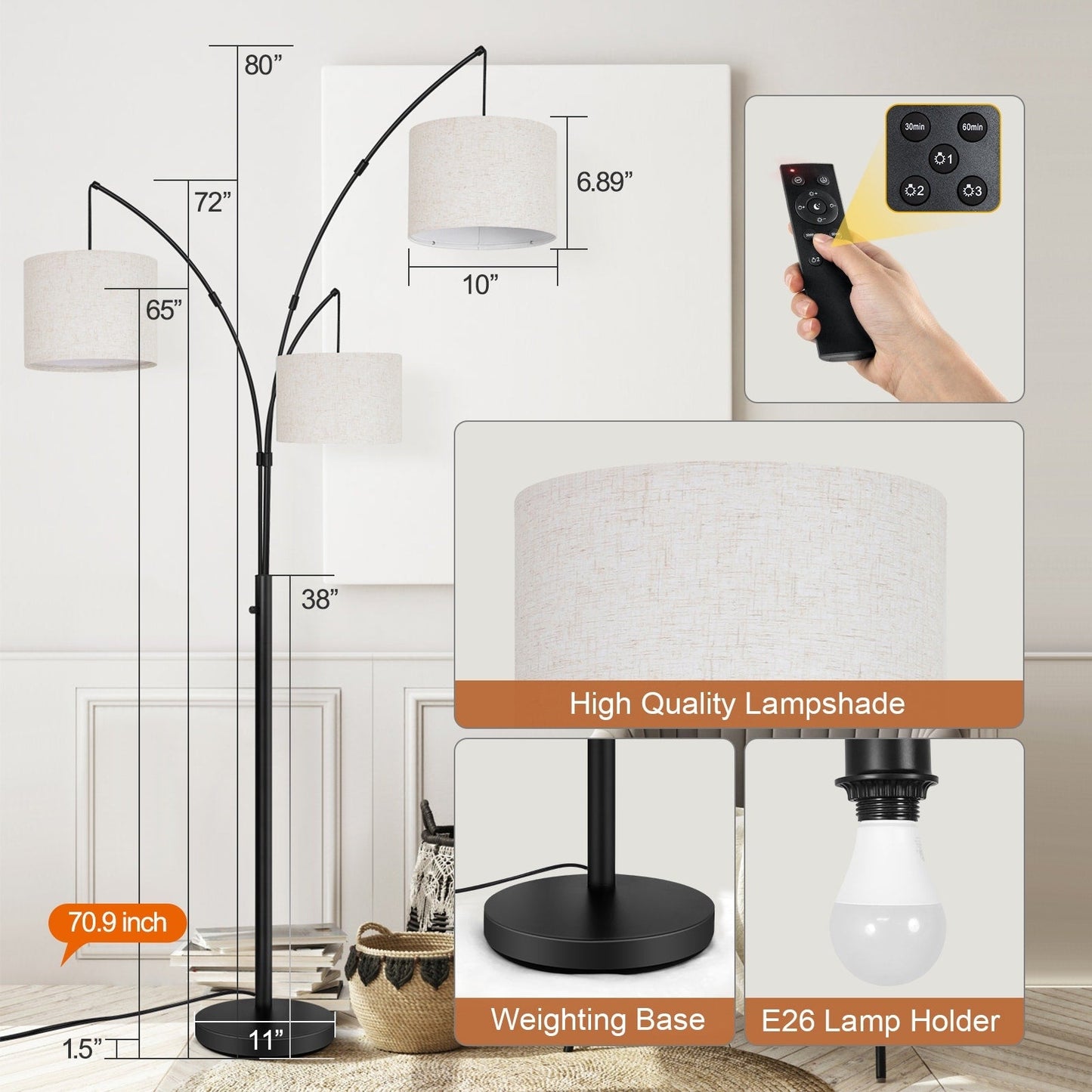 Lampada da terra a LED ad arco, dimmerabile, moderna, nera, con 3 luci, ad arco e di altezza elevata.