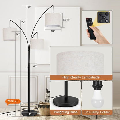 Lampada da terra a LED ad arco, dimmerabile, moderna, nera, con 3 luci, ad arco e di altezza elevata.