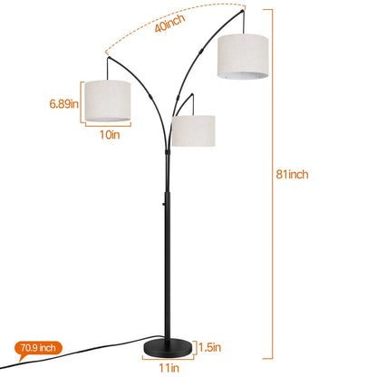 Lampada da terra a LED ad arco, dimmerabile, moderna, nera, con 3 luci, ad arco e di altezza elevata.