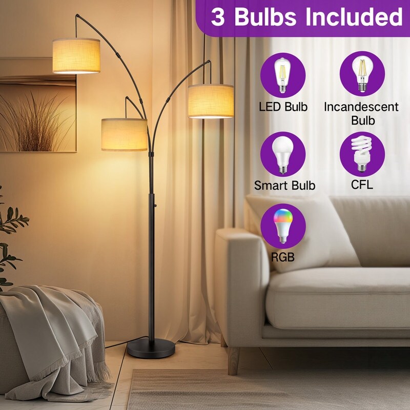 Lampada da terra a LED ad arco, dimmerabile, moderna, nera, con 3 luci, ad arco e di altezza elevata.
