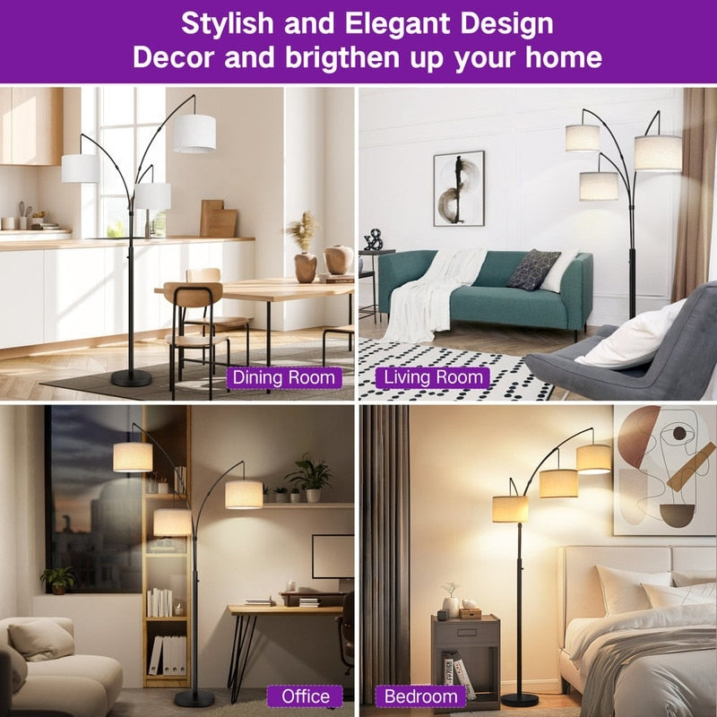 Lampada da terra a LED ad arco, dimmerabile, moderna, nera, con 3 luci, ad arco e di altezza elevata.