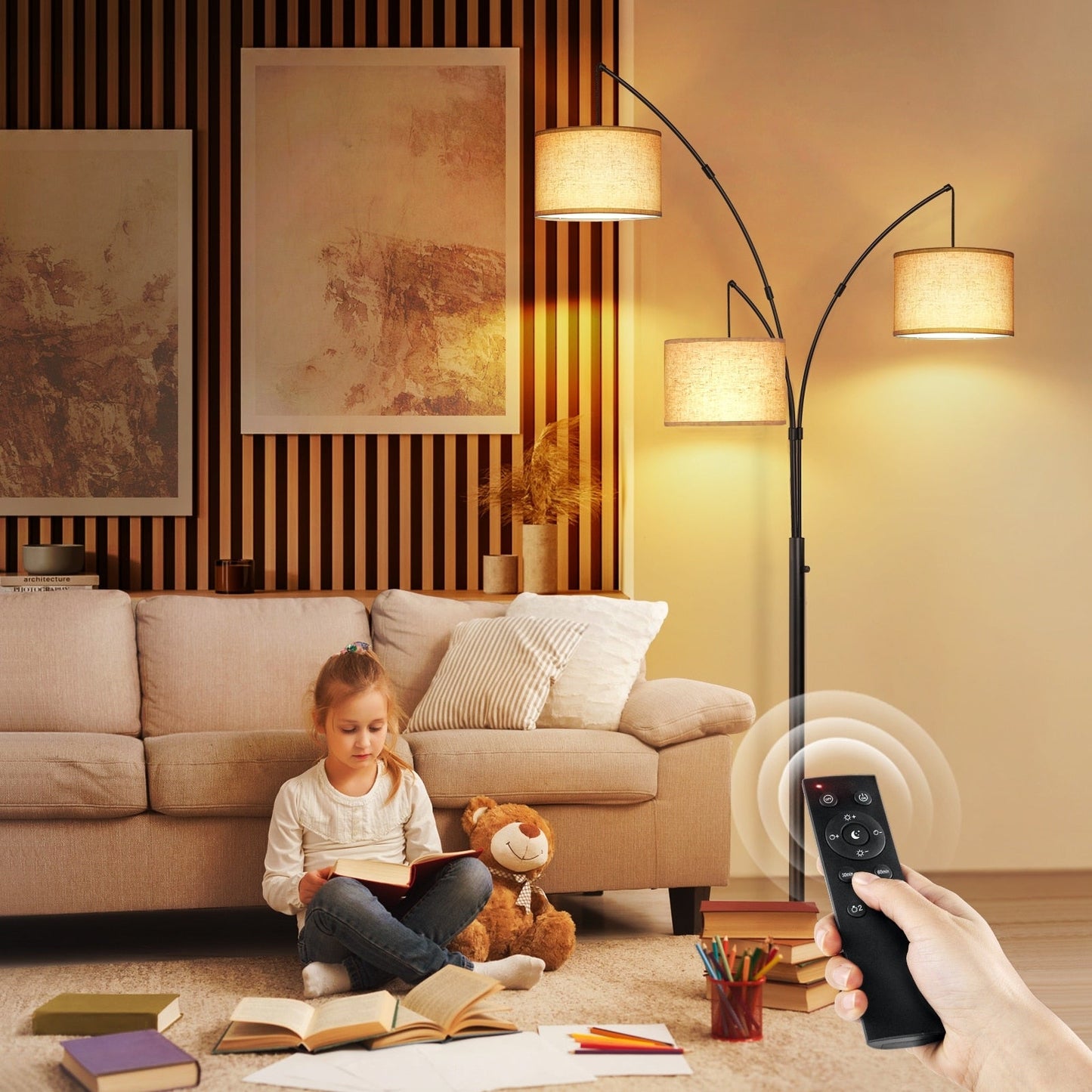 Lampada da terra a LED ad arco, dimmerabile, moderna, nera, con 3 luci, ad arco e di altezza elevata.