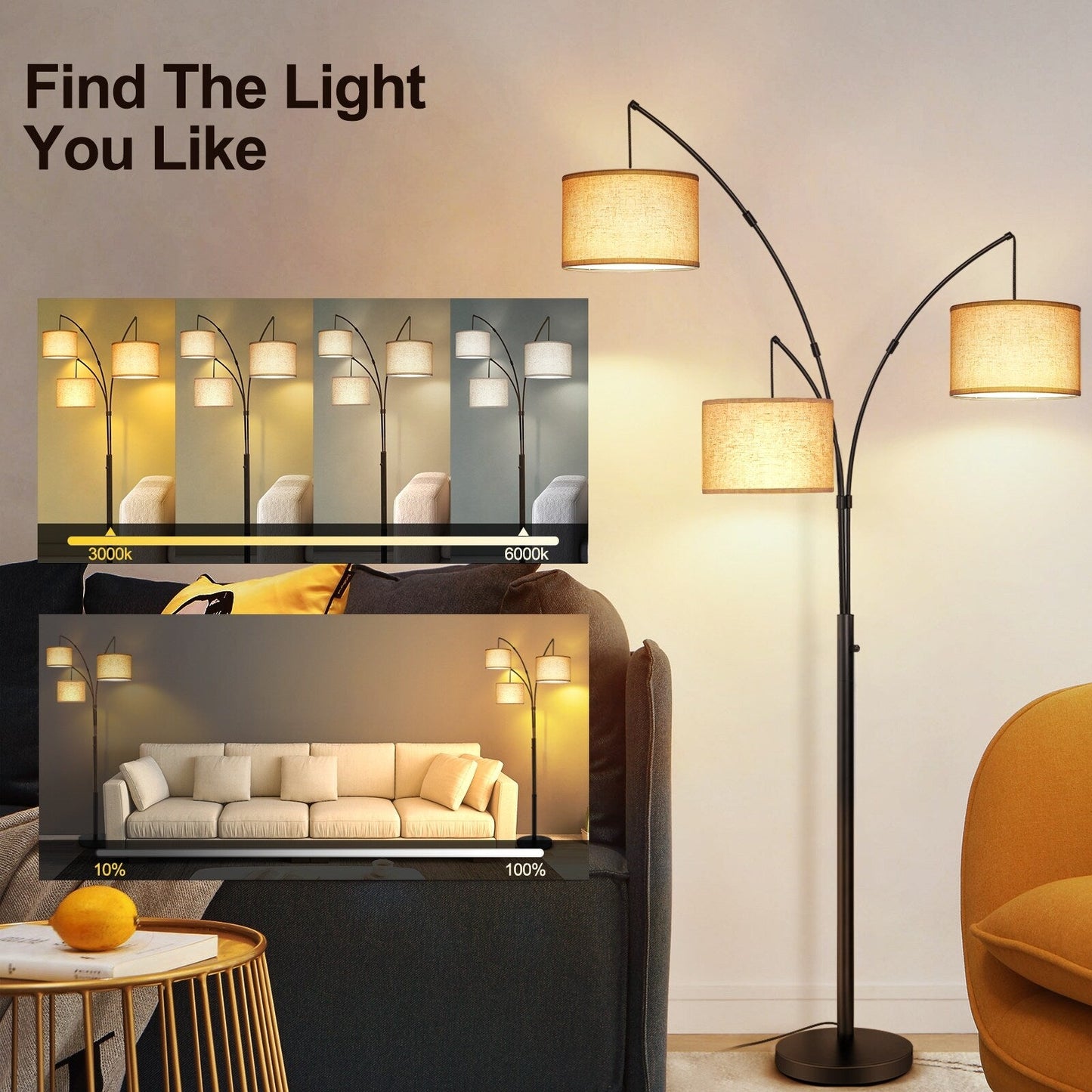 Lampada da terra a LED ad arco, dimmerabile, moderna, nera, con 3 luci, ad arco e di altezza elevata.