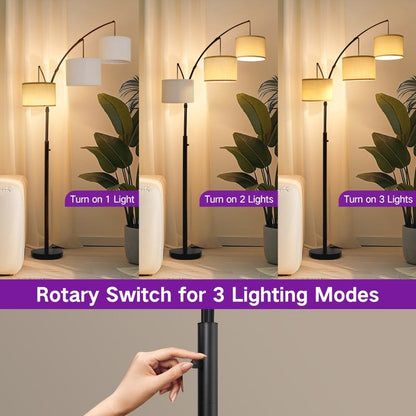 Lampada da terra a LED ad arco, dimmerabile, moderna, nera, con 3 luci, ad arco e di altezza elevata.