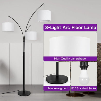 Lampada da terra a LED ad arco, dimmerabile, moderna, nera, con 3 luci, ad arco e di altezza elevata.
