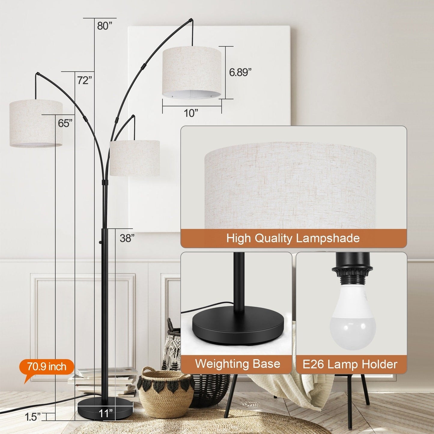 Lampada da terra a LED ad arco, dimmerabile, moderna, nera, con 3 luci, ad arco e di altezza elevata.