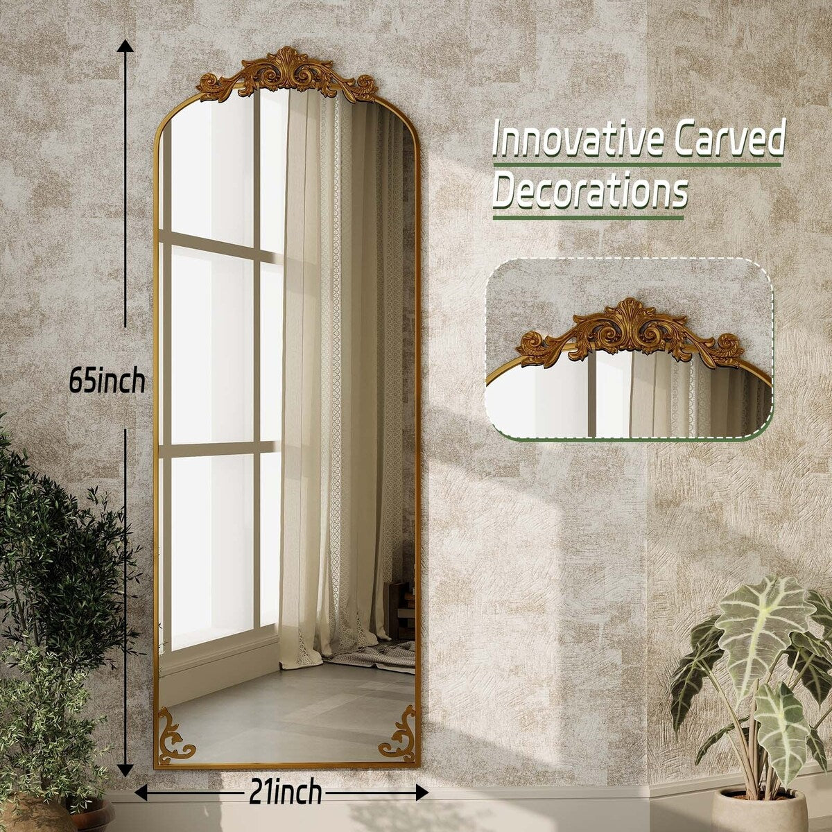 Specchio a figura intera ad arco con motivo floreale barocco