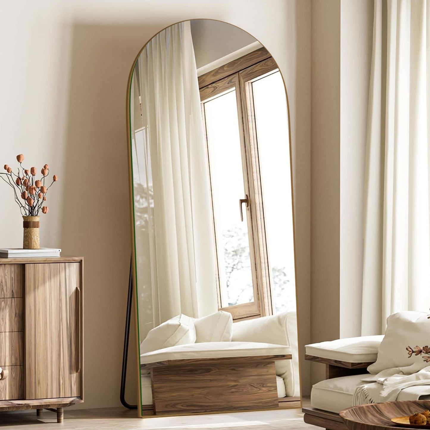 Specchio a figura intera da terra in legno con arco, specchio da parete
