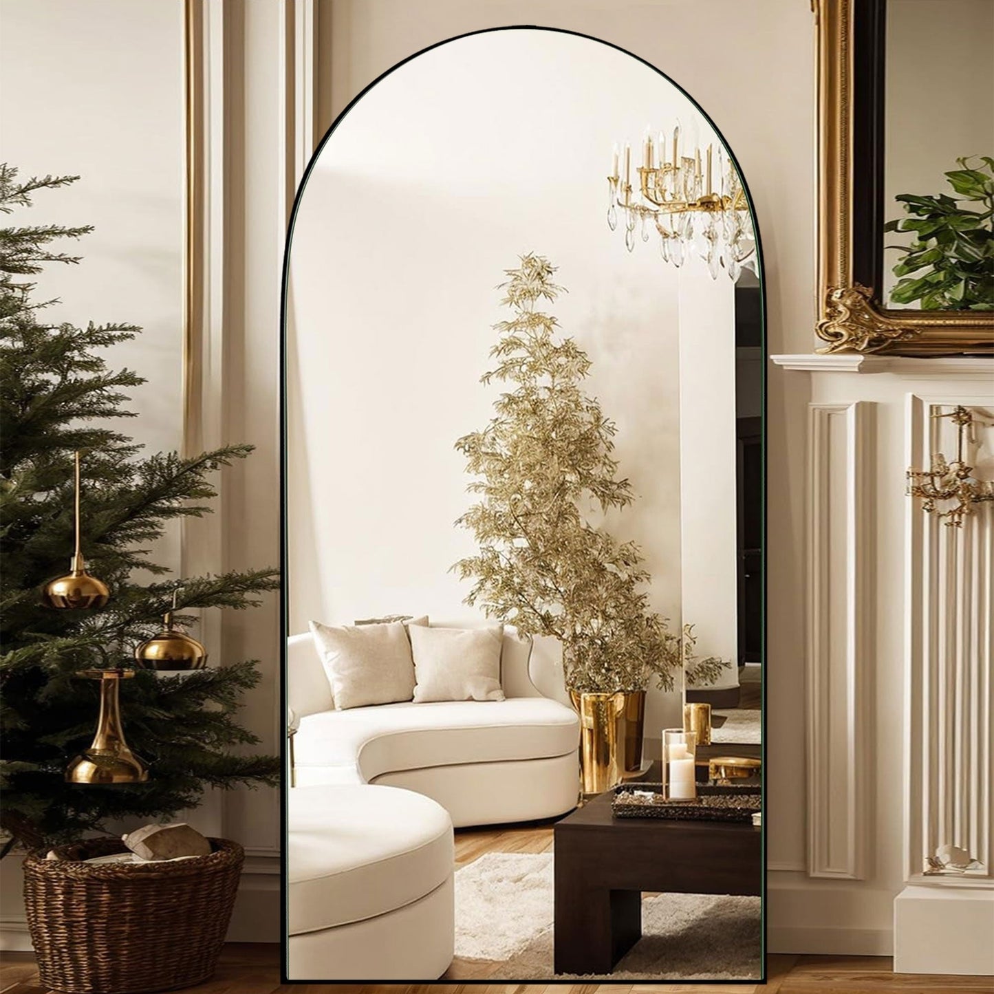 Specchio a figura intera da terra in legno con arco, specchio da parete