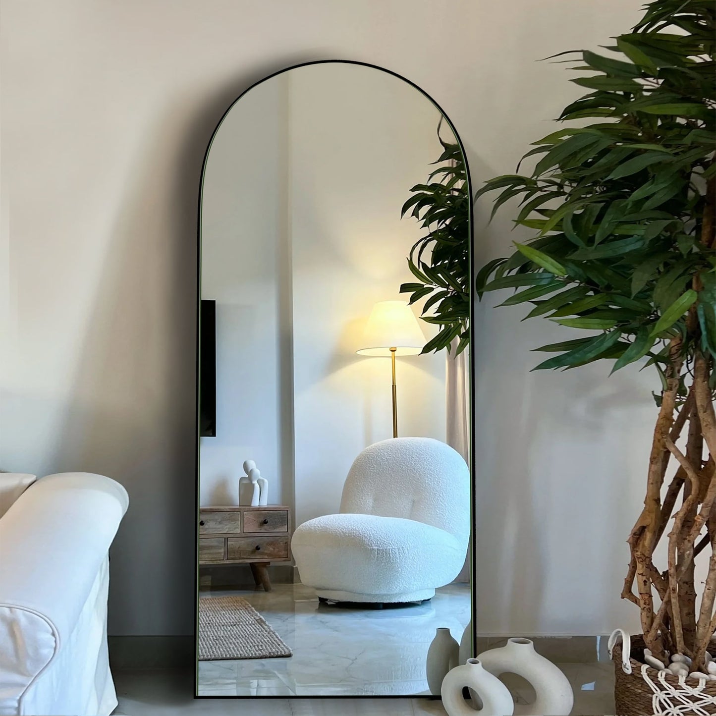 Specchio a figura intera da terra in legno con arco, specchio da parete