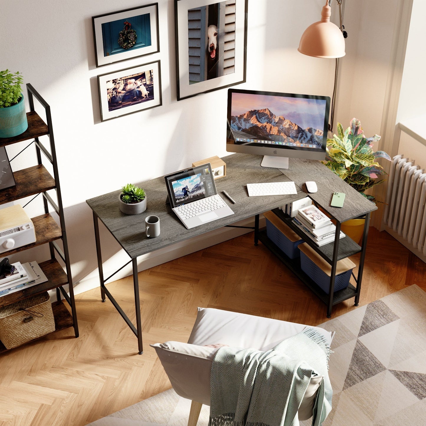 Scrivania a forma di L di piccole dimensioni con ripiani portaoggetti, scrivania da computer d'angolo