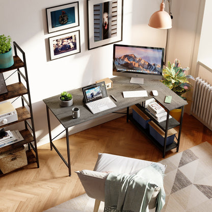 Scrivania a forma di L di piccole dimensioni con ripiani portaoggetti, scrivania da computer d'angolo